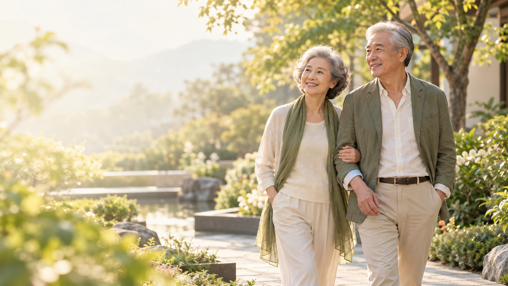 Older Chinese couple enjoying a garden walk