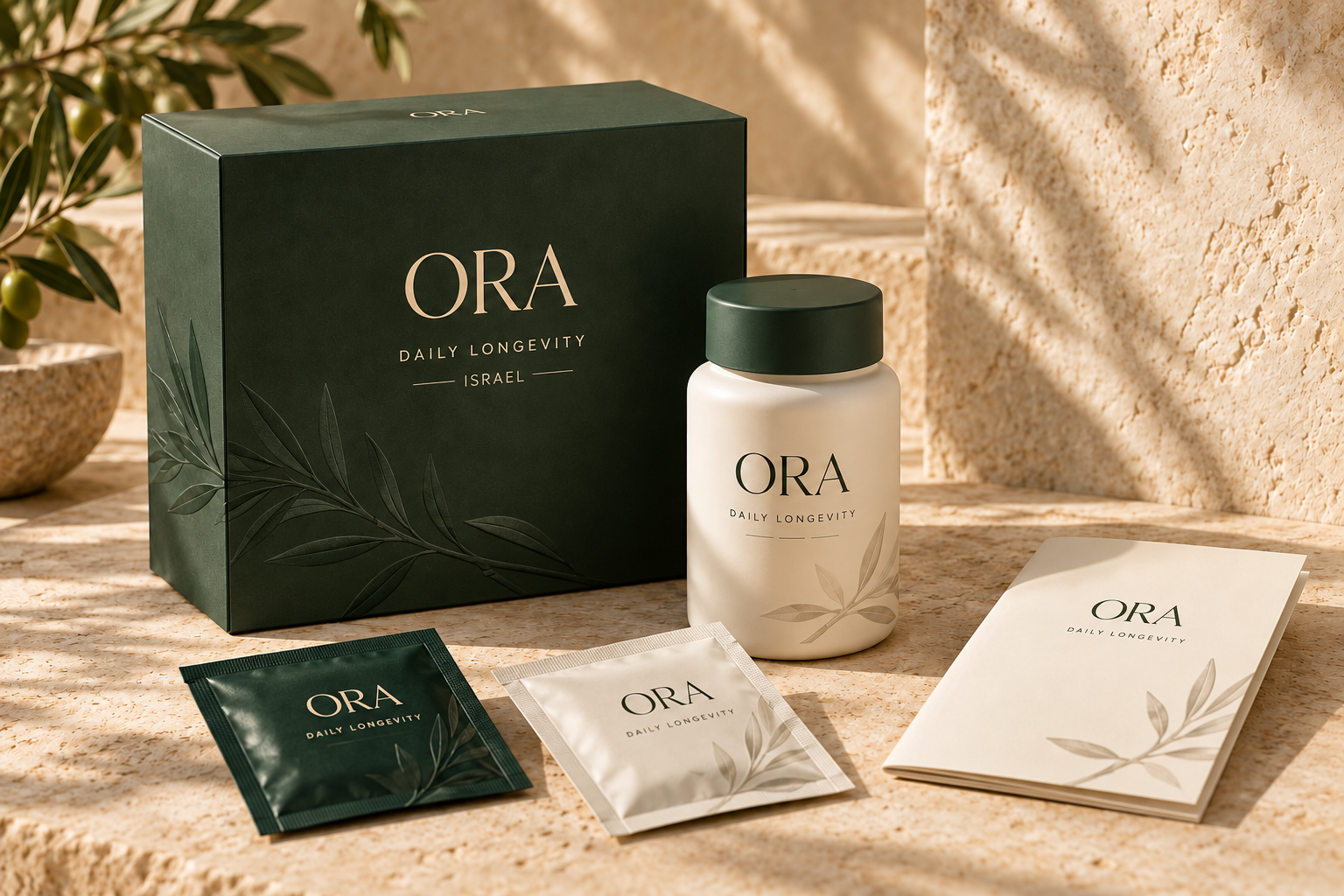 ORA forest green box, daily nutrition sachets and ritual guide